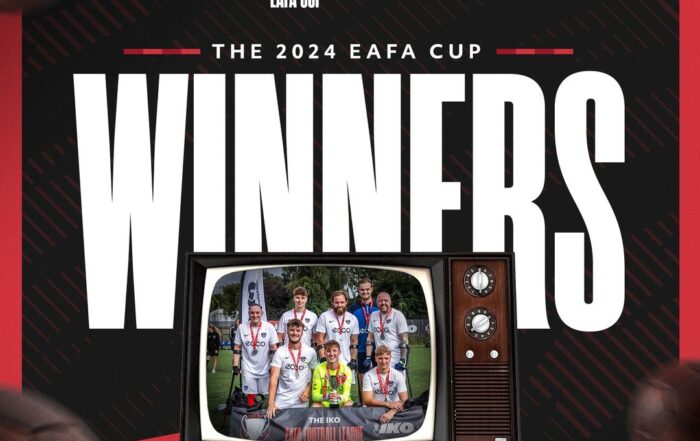 IKO EAFA Cup 2024 Winners Graphic with amputee footballers lifting their winning trophy