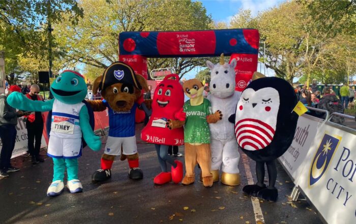 Mascots from various charities across Portsmouth line up for the Great South Run Mascot Dash at the start line